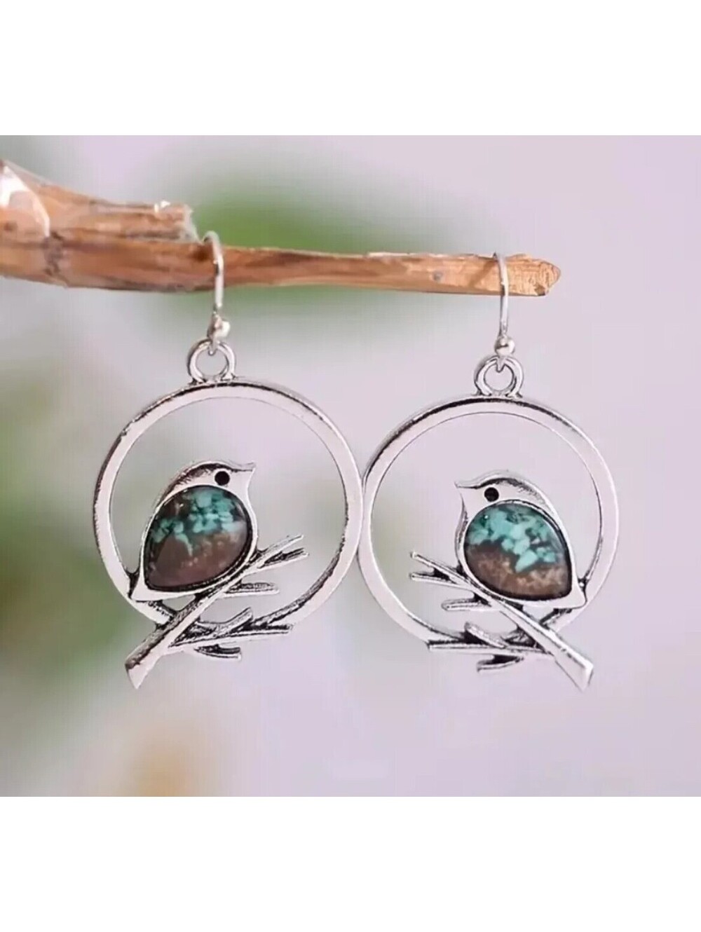 Beautiful Unique Bird Branch Earrings, Turquoise Sand Inlaid